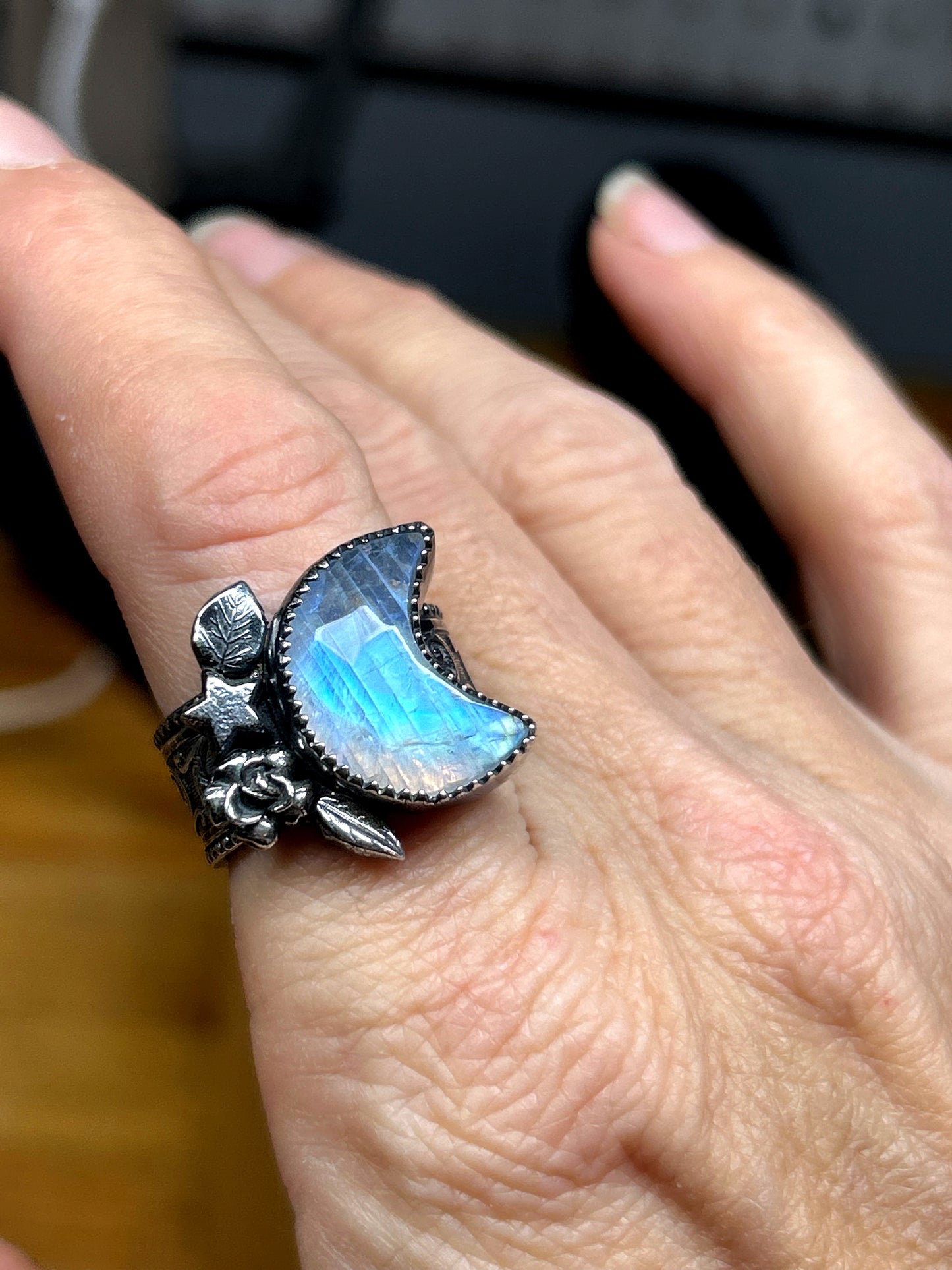 Lunar Moon Blue Moonstone Statement Ring in Sterling Silver