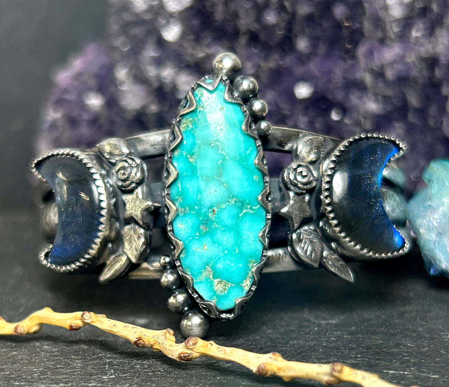 Lunar Moon Night Turquoise Cuff Bracelet in Sterling Silver