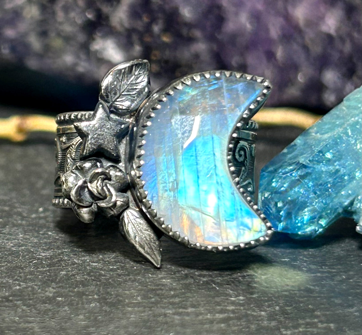 Lunar Moon Blue Moonstone Statement Ring in Sterling Silver