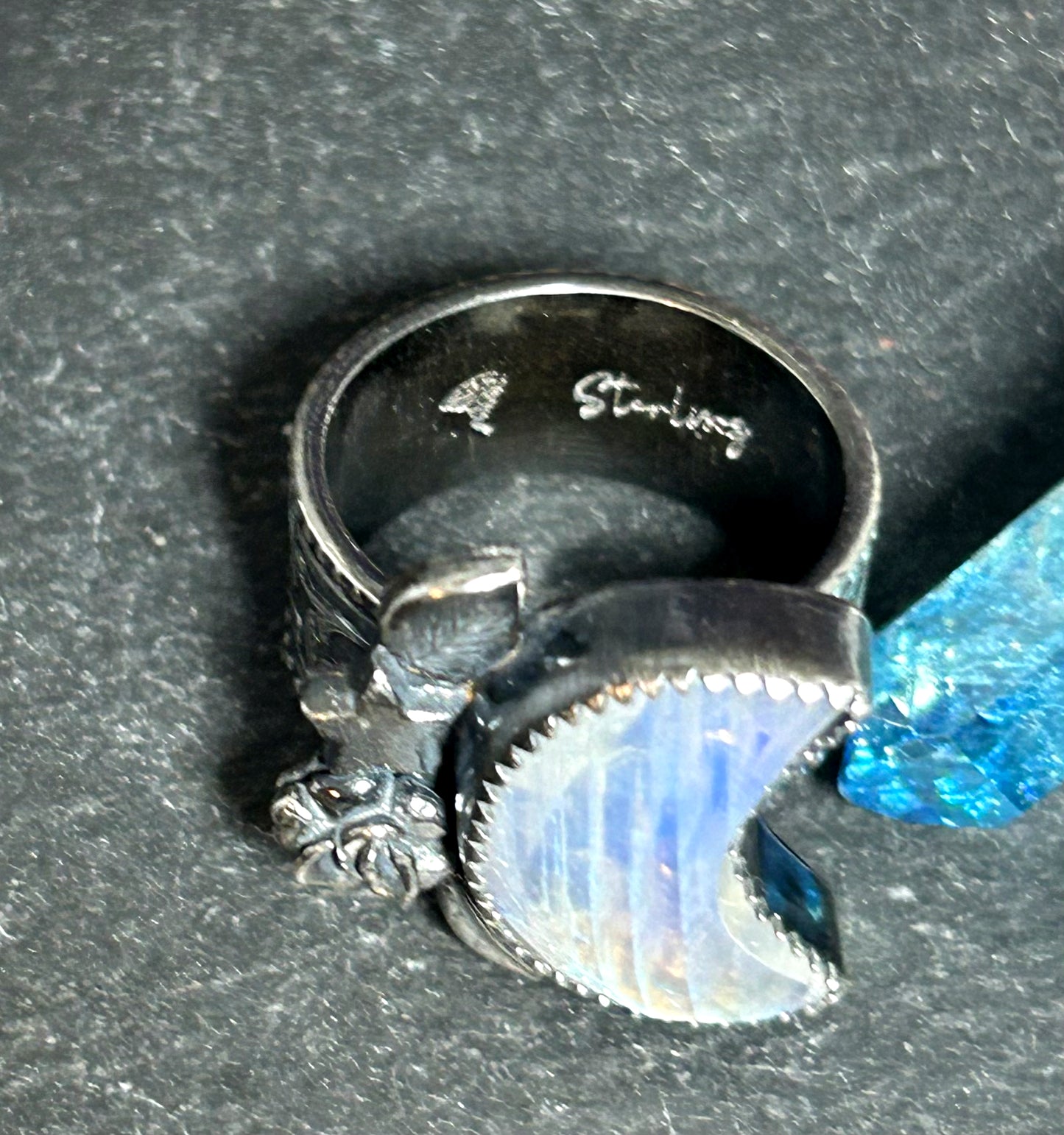 Lunar Moon Blue Moonstone Statement Ring in Sterling Silver