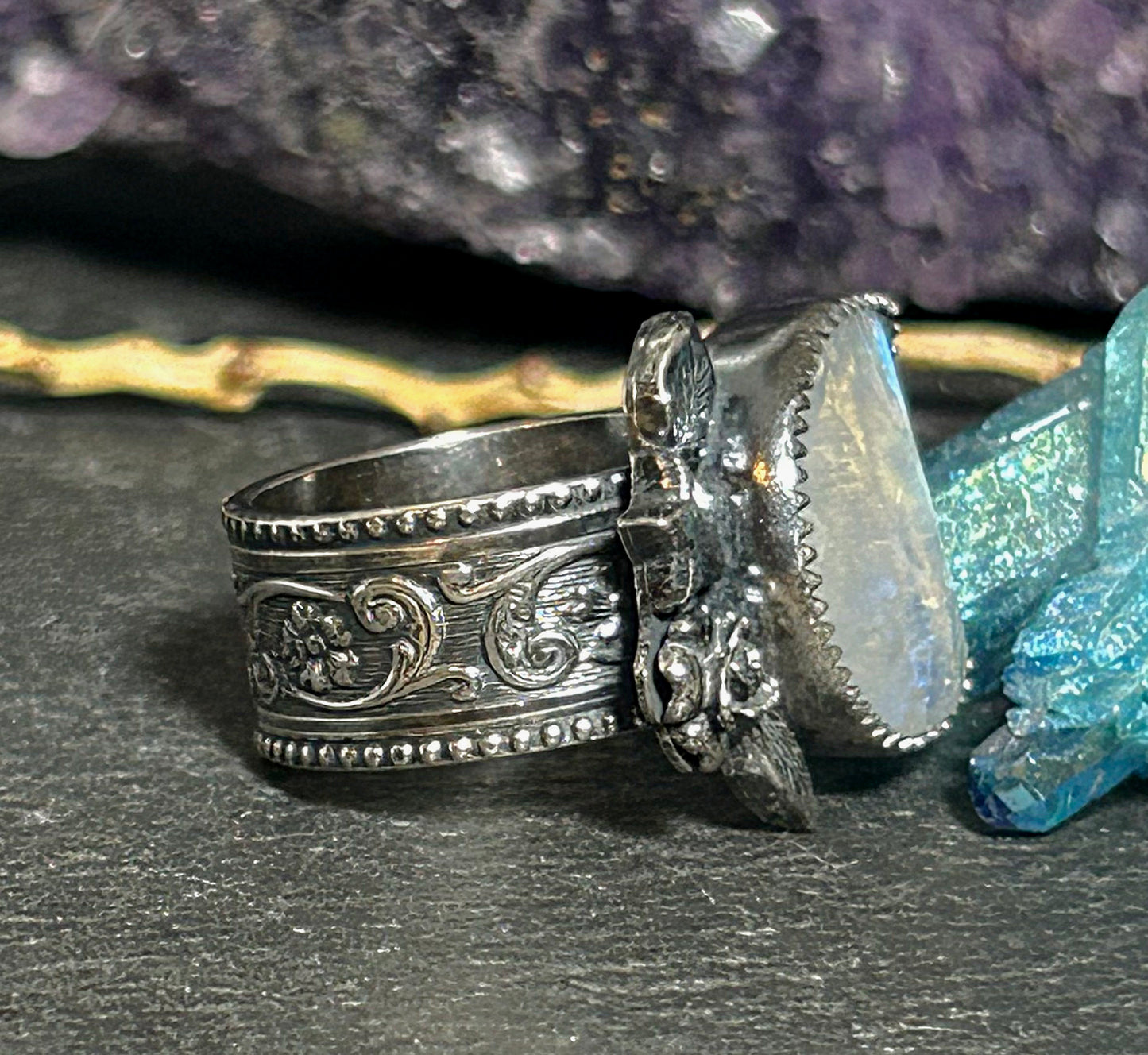 Lunar Moon Blue Moonstone Statement Ring in Sterling Silver