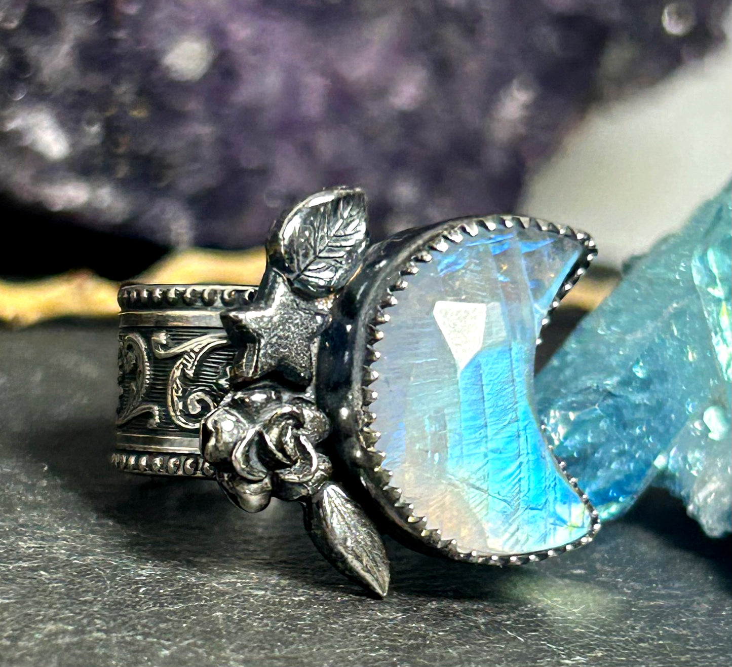 Lunar Moon Blue Moonstone Statement Ring in Sterling Silver