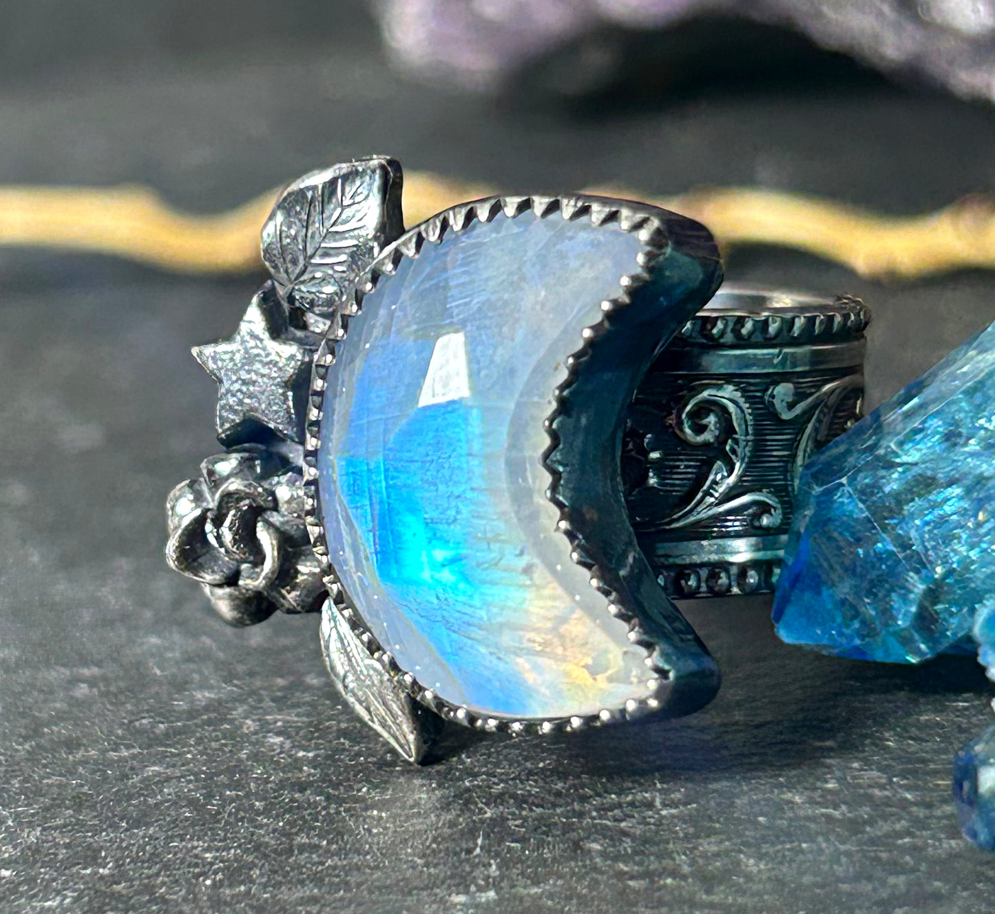 Lunar Moon Blue Moonstone Statement Ring in Sterling Silver