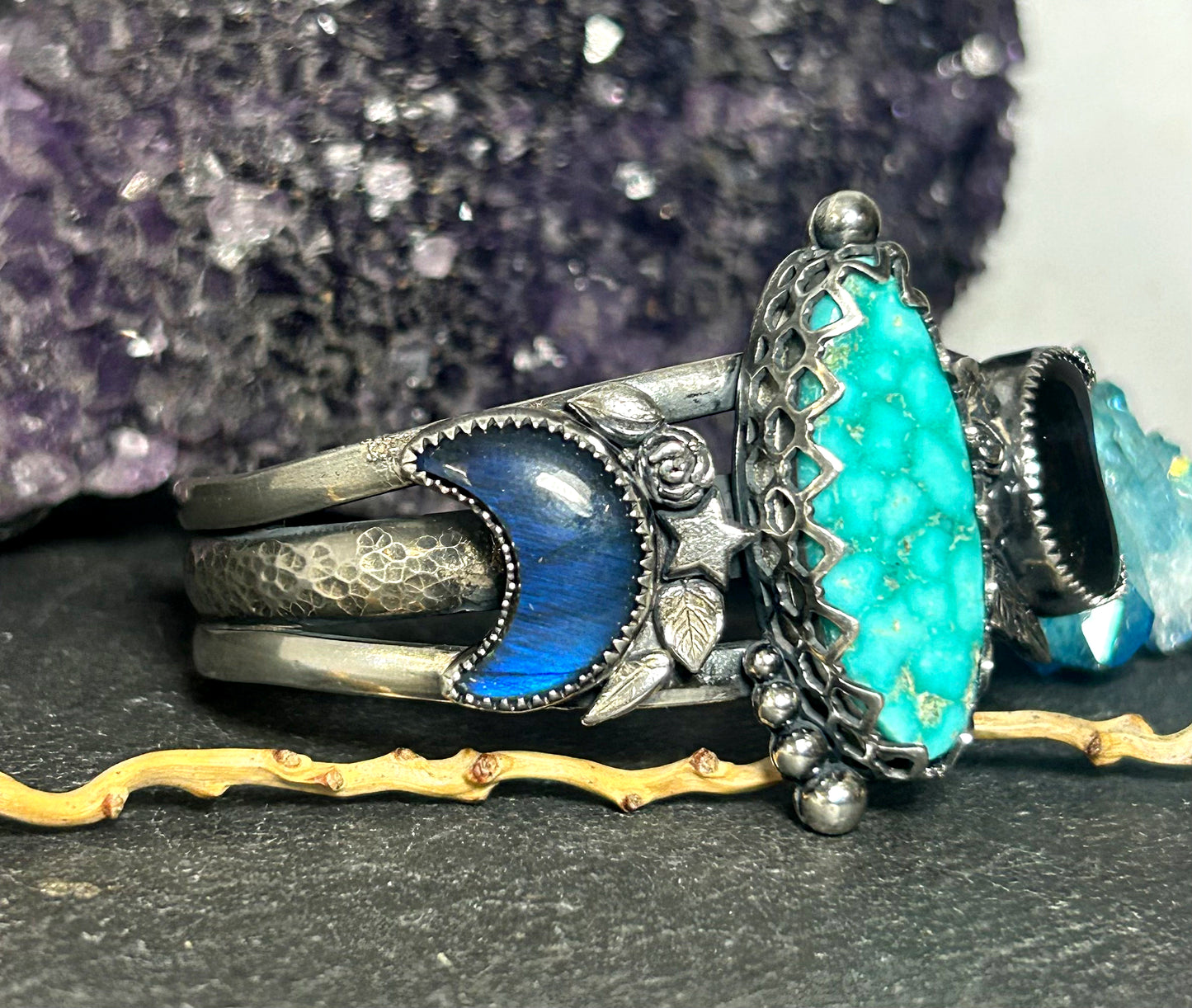 Lunar Moon Night Turquoise Cuff Bracelet in Sterling Silver