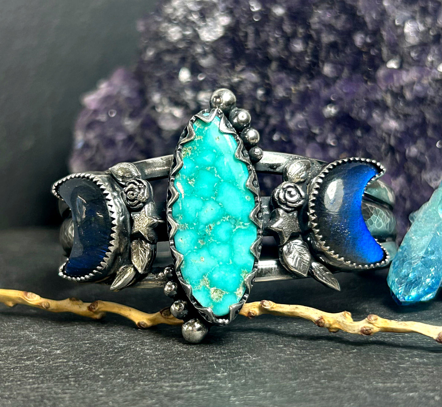Lunar Moon Night Turquoise Cuff Bracelet in Sterling Silver