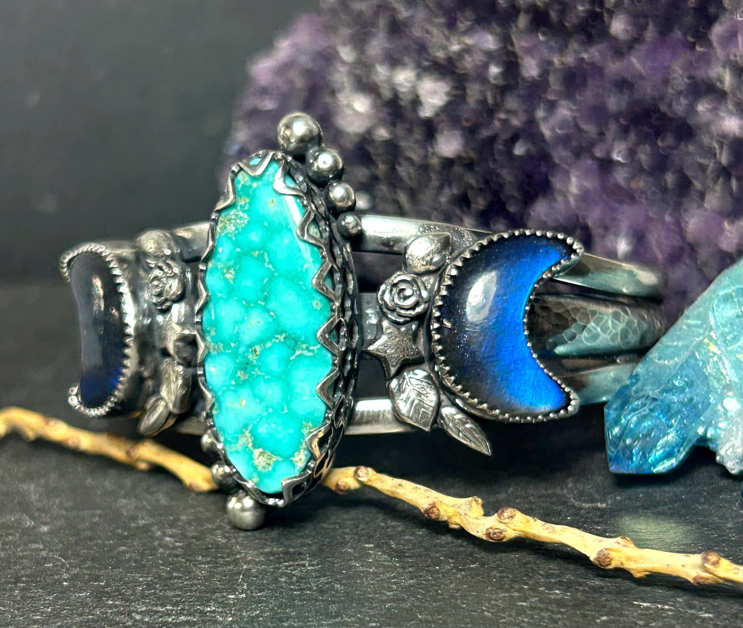 Lunar Moon Night Turquoise Cuff Bracelet in Sterling Silver