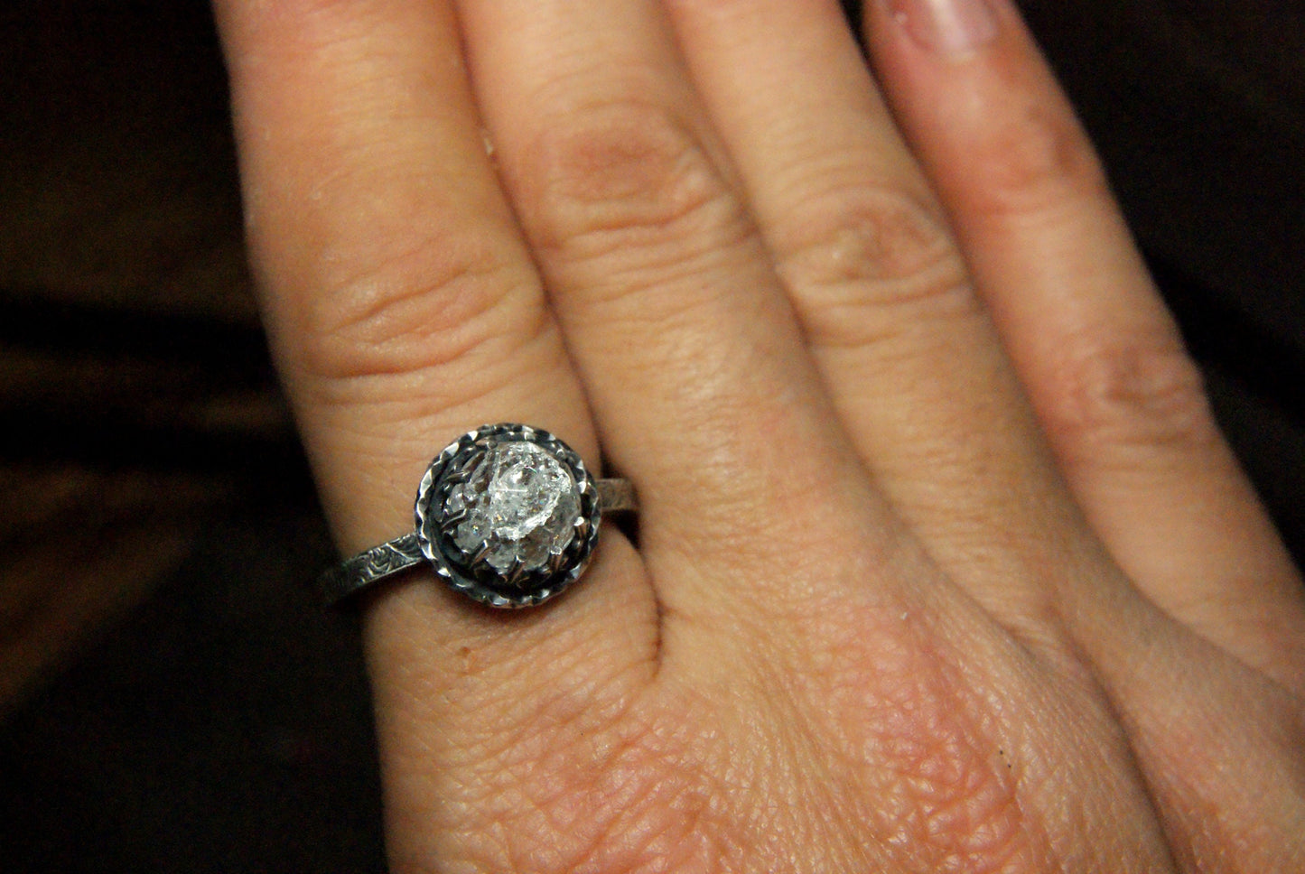 Victorian Style Gemstone Ring, Rose Cut Clear Quartz Oxidized Sterling Silver Ring, Fancy Filigree Bezel Setting,