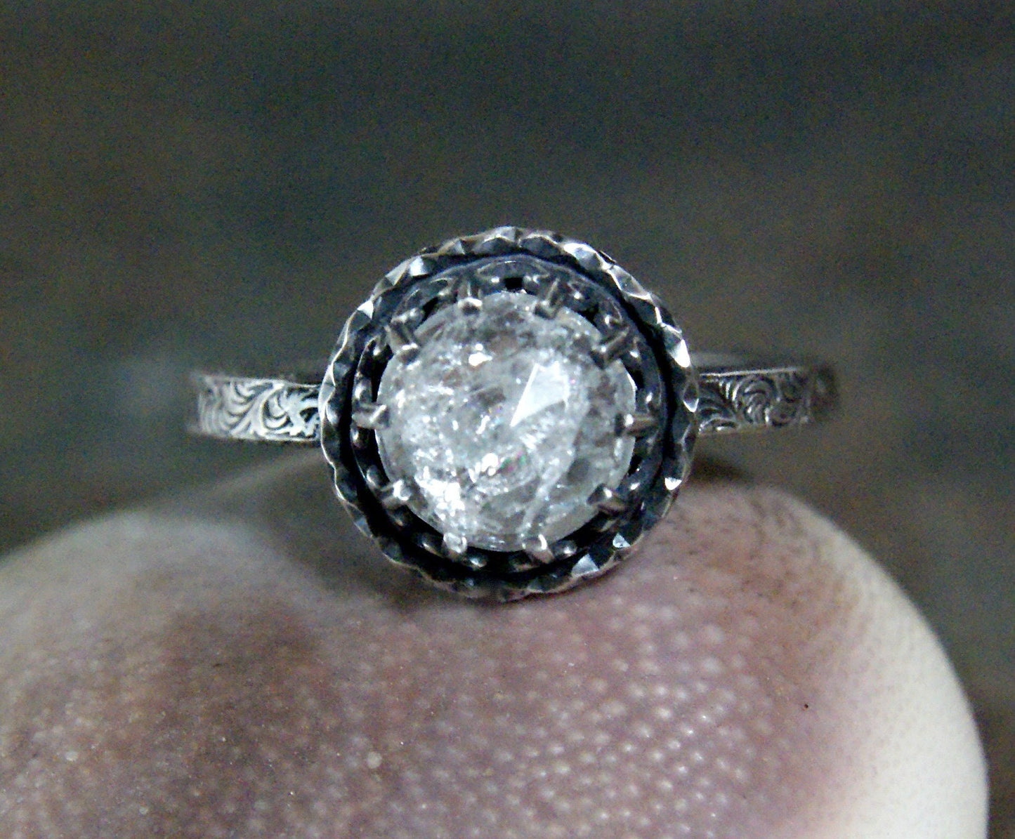 Victorian Style Gemstone Ring, Rose Cut Clear Quartz Oxidized Sterling Silver Ring, Fancy Filigree Bezel Setting,