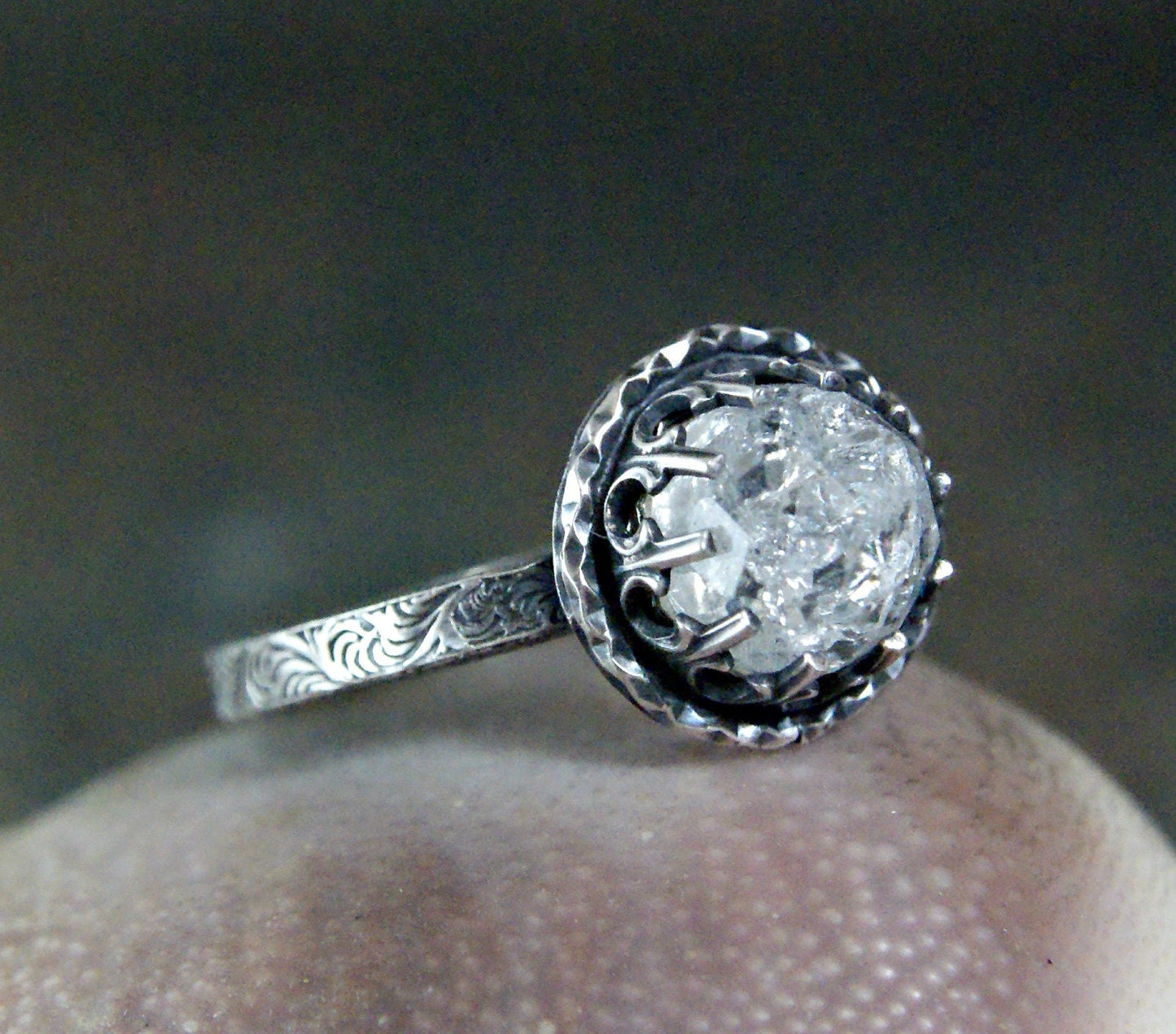 Victorian Style Gemstone Ring, Rose Cut Clear Quartz Oxidized Sterling Silver Ring, Fancy Filigree Bezel Setting,
