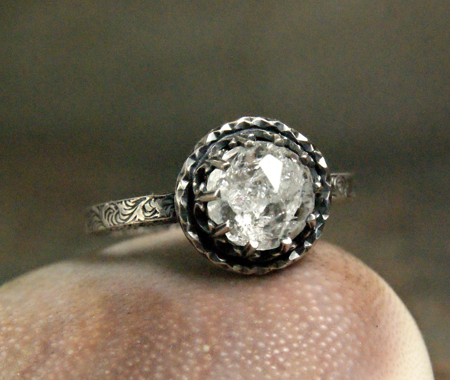 Victorian Style Gemstone Ring, Rose Cut Clear Quartz Oxidized Sterling Silver Ring, Fancy Filigree Bezel Setting,