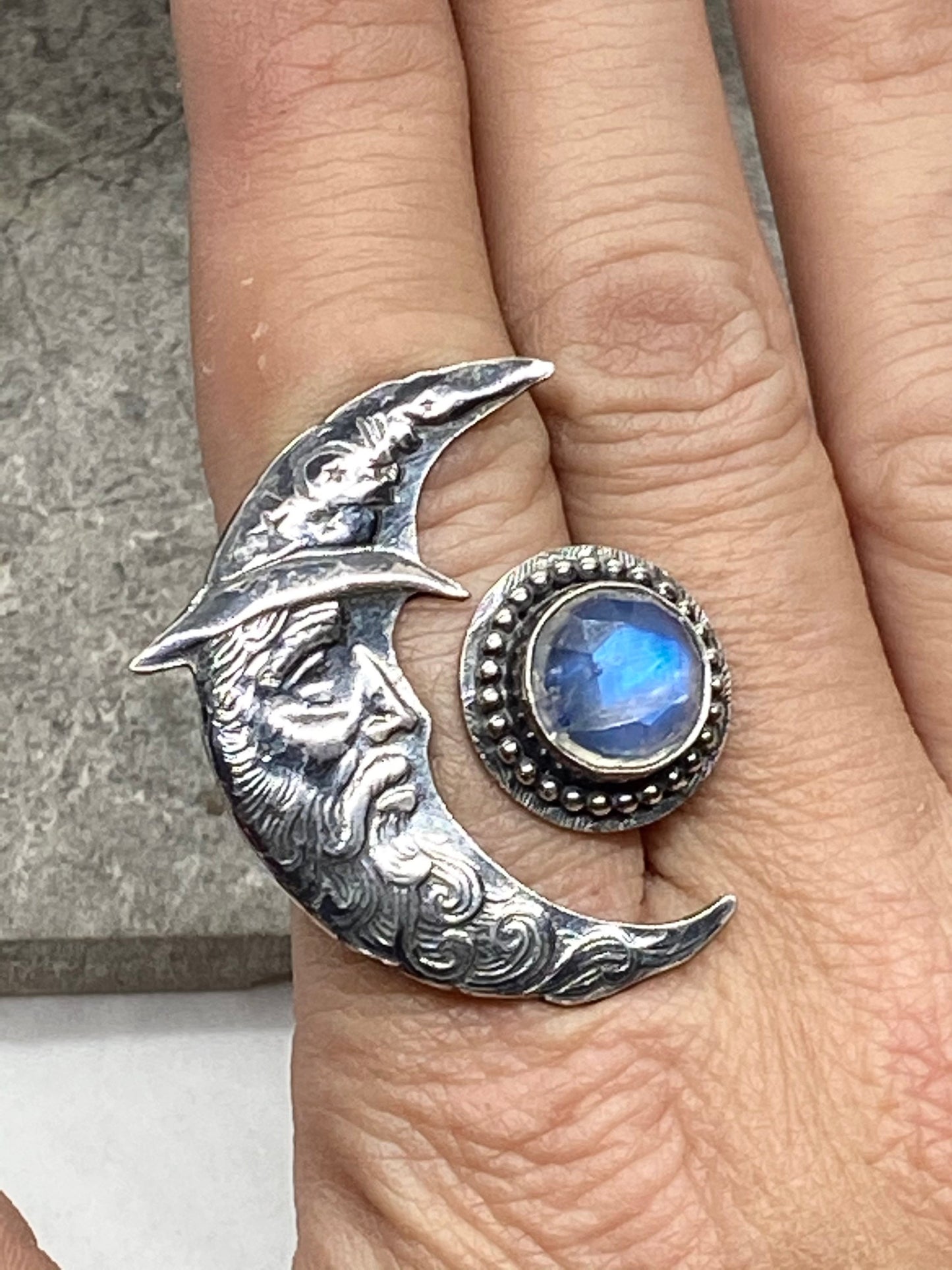 Man in the Moon Ring Sterling Silver Moonstone Statement Ring
