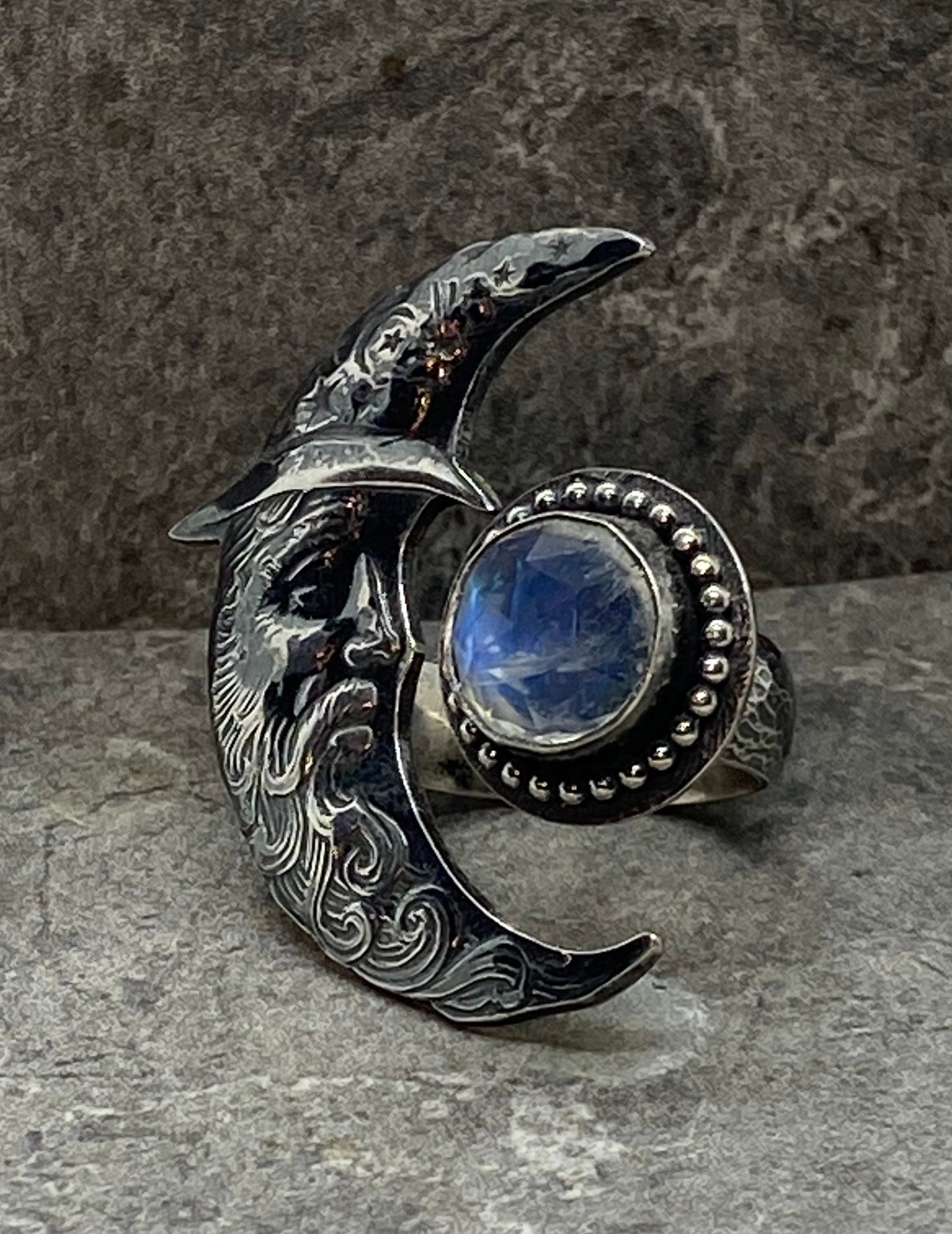 Man in the Moon Ring Sterling Silver Moonstone Statement Ring