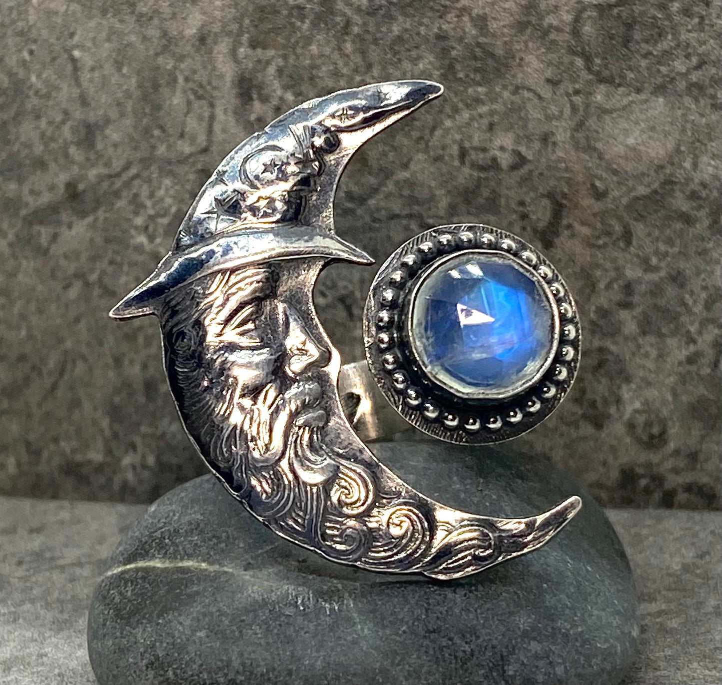 Man in the Moon Ring Sterling Silver Moonstone Statement Ring