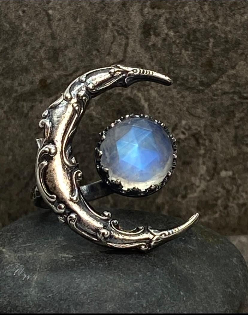 Blue Moonstone Crescent Moon Ring, Sterling Silver Statement Ring