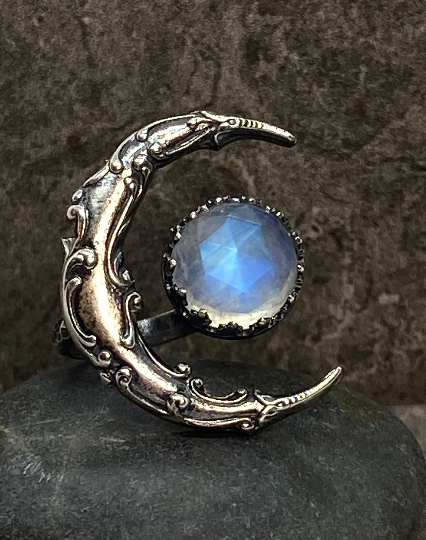 Blue Moonstone Crescent Moon Ring, Sterling Silver Statement Ring