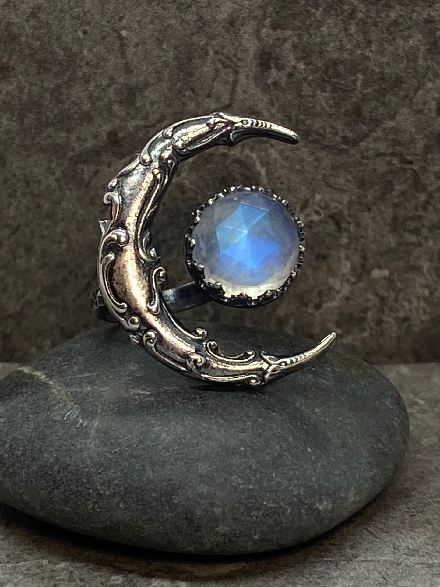 Blue Moonstone Crescent Moon Ring, Sterling Silver Statement Ring