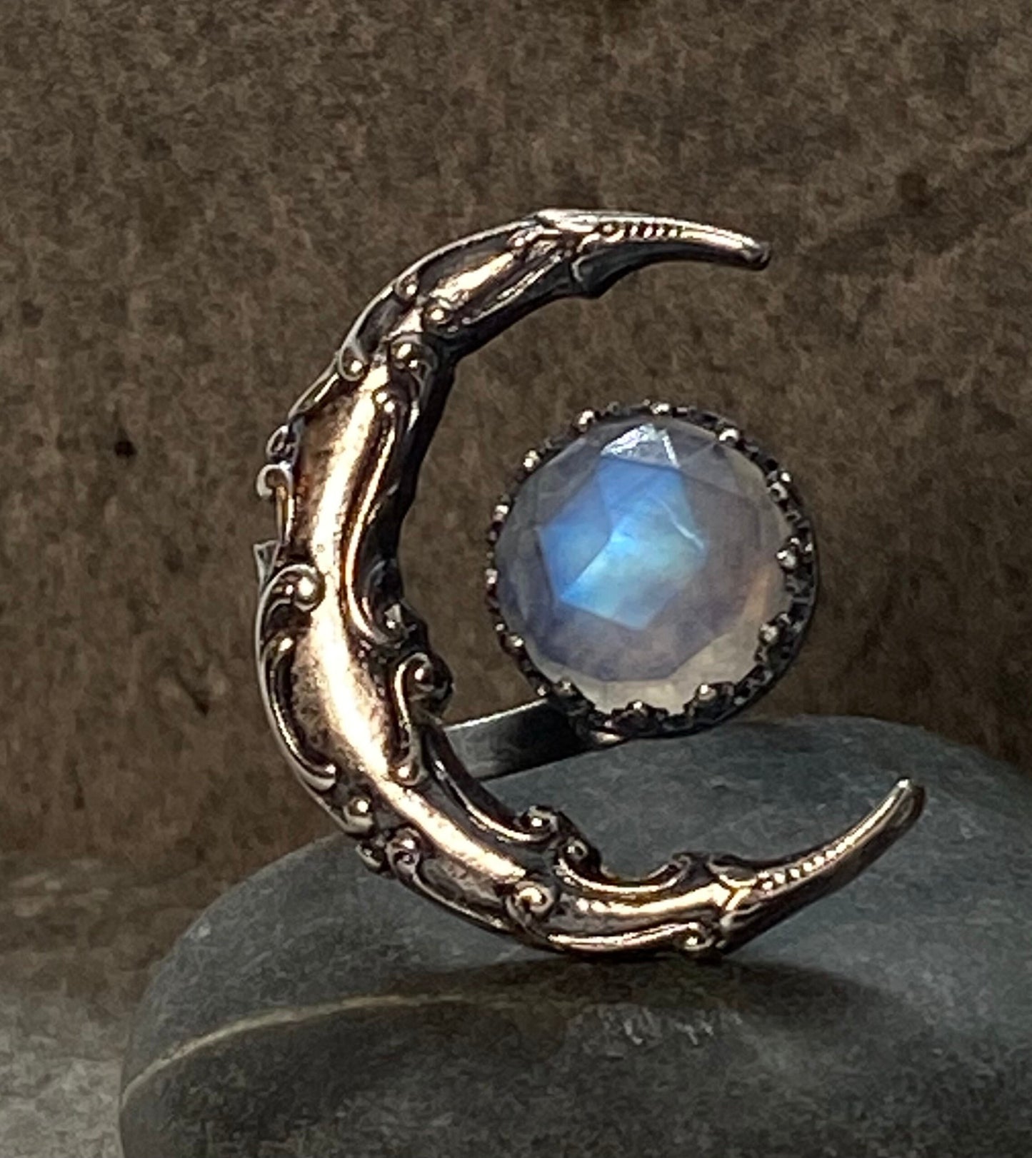 Blue Moonstone Crescent Moon Ring, Sterling Silver Statement Ring