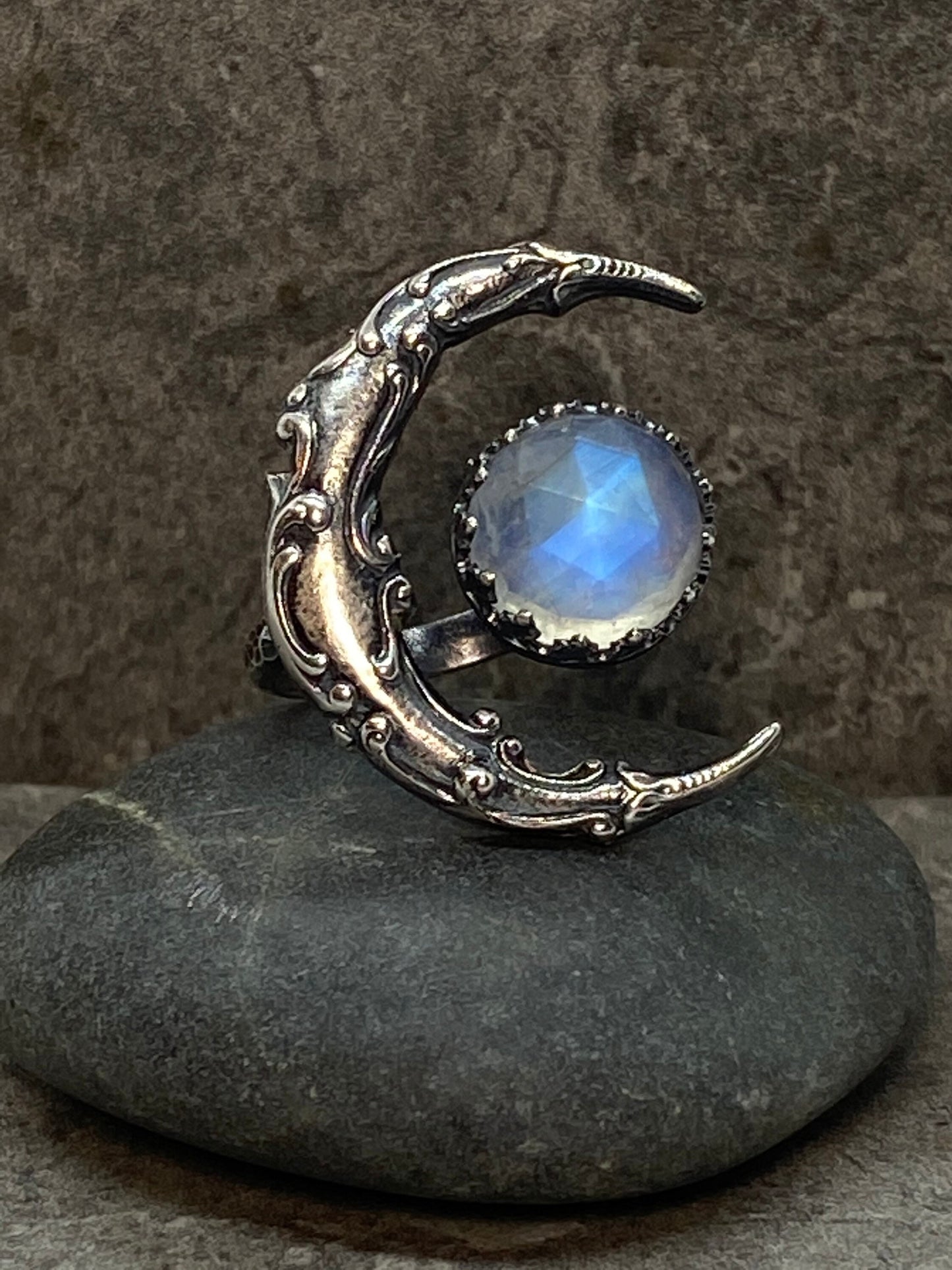 Blue Moonstone Crescent Moon Ring, Sterling Silver Statement Ring