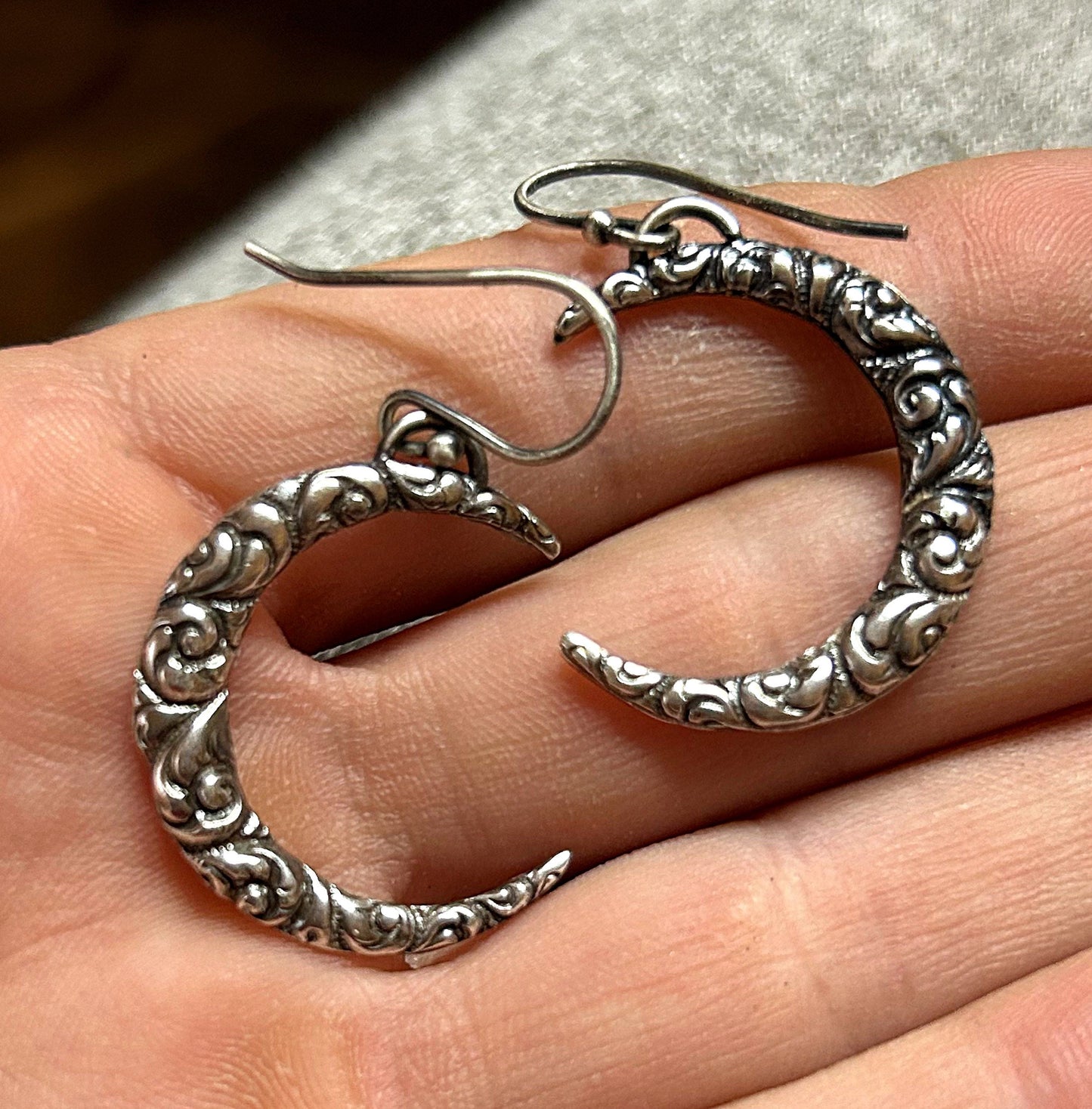 Crescent Moon Earrings in Sterling Silver Vintage Style Jewelry