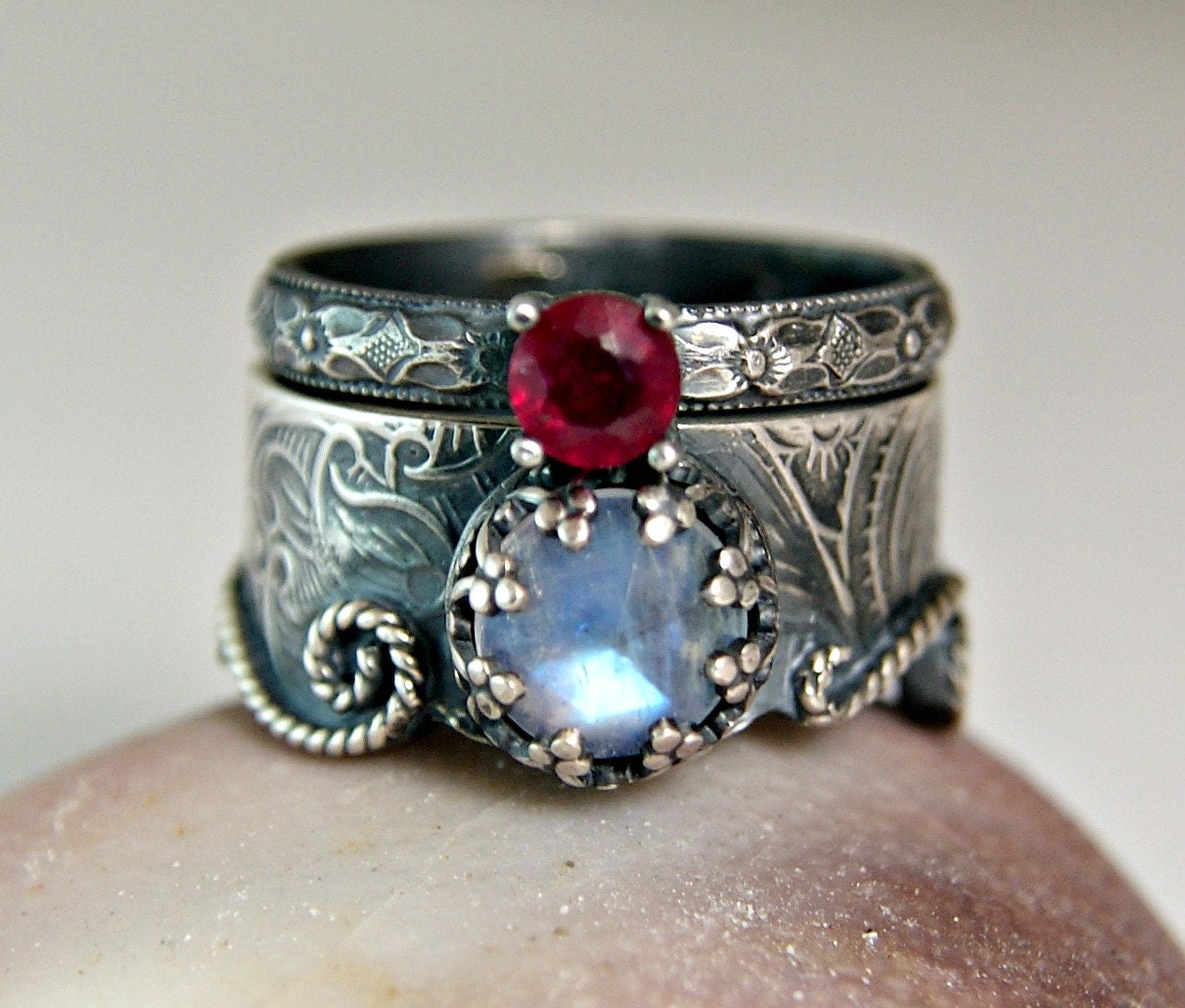 Moonstone Mermaid Ring Sterling Silver Ruby Wedding Set Vintage Inspired Engagement Set made to order