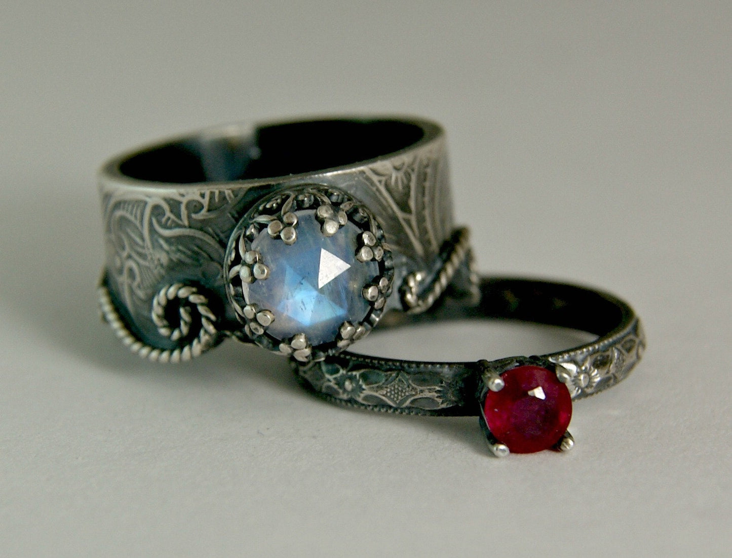 Moonstone Mermaid Ring Sterling Silver Ruby Wedding Set Vintage Inspired Engagement Set made to order