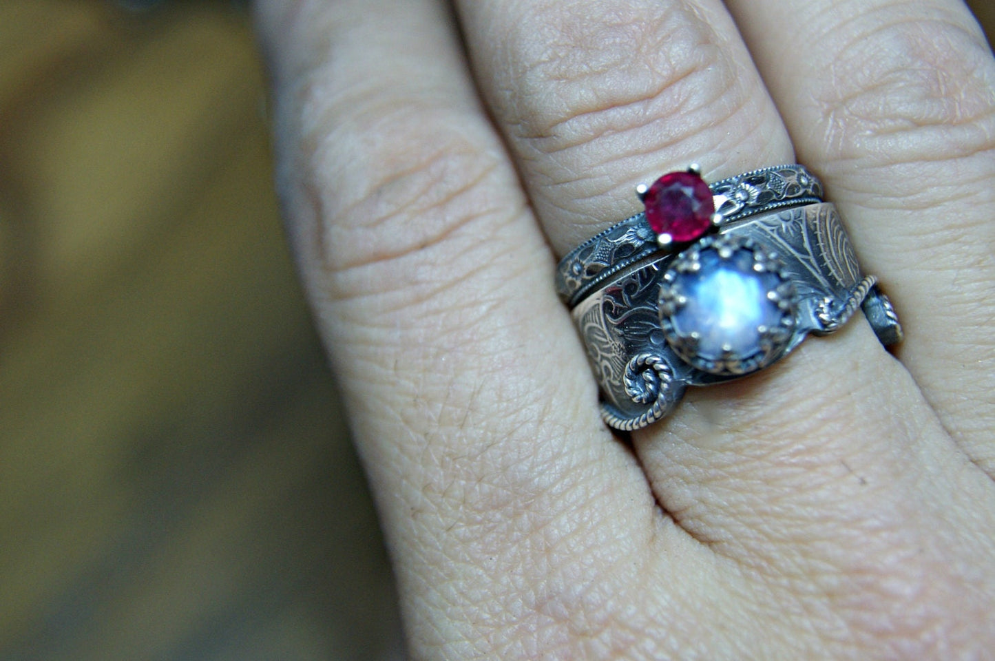Moonstone Mermaid Ring Sterling Silver Ruby Wedding Set Vintage Inspired Engagement Set made to order