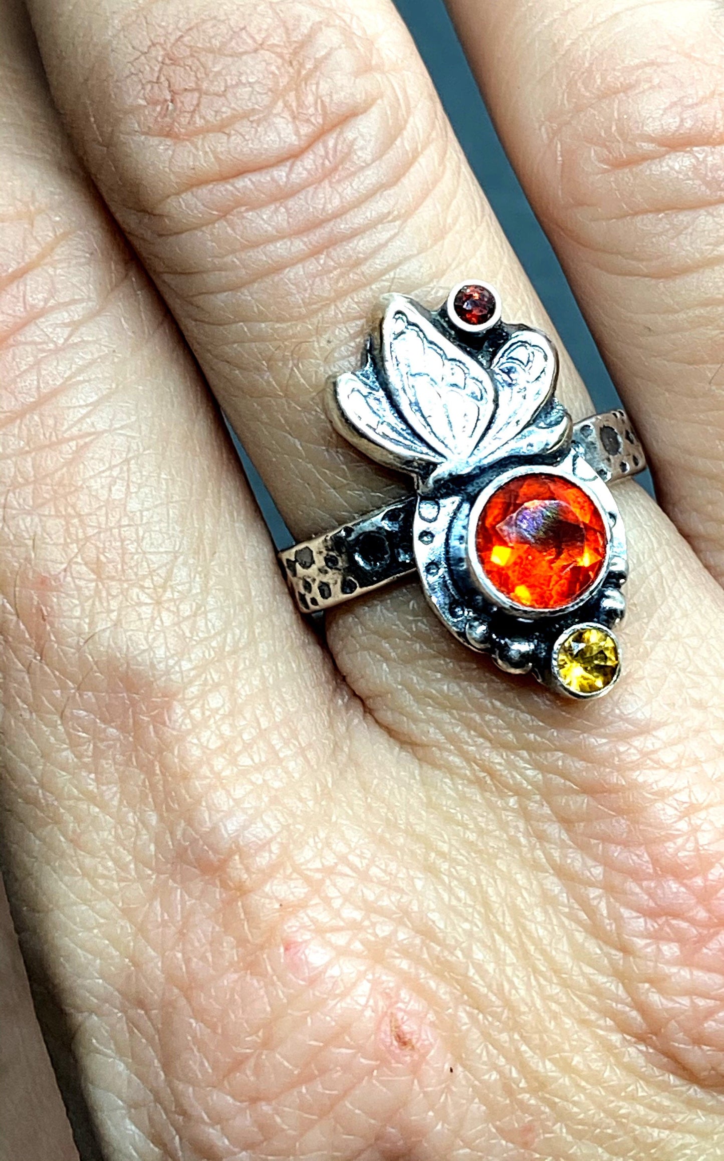 Mexican Fire Opal Monarch Butterfly Ring in Sterling Silver