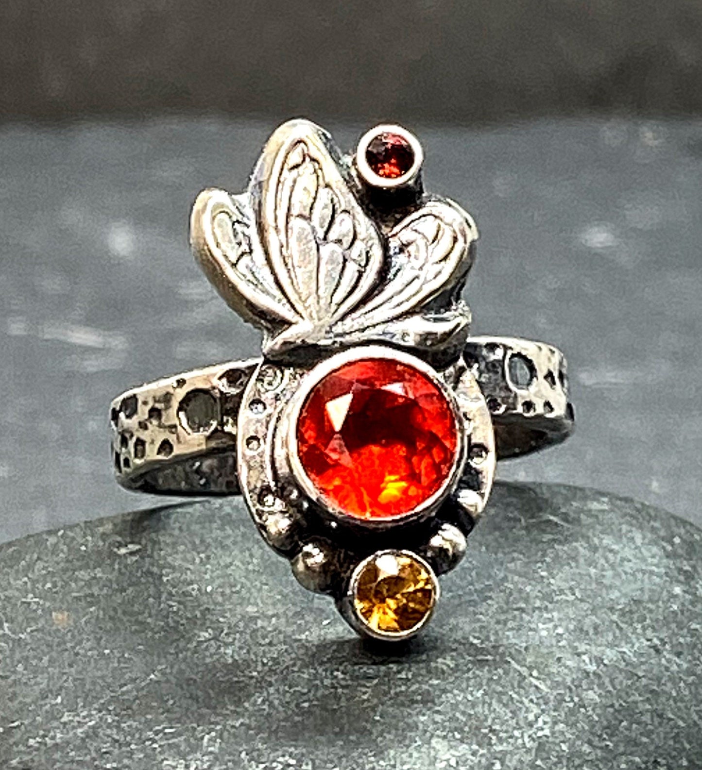 Mexican Fire Opal Monarch Butterfly Ring in Sterling Silver