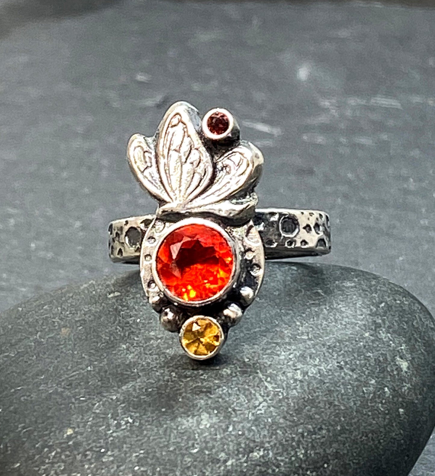 Mexican Fire Opal Monarch Butterfly Ring in Sterling Silver