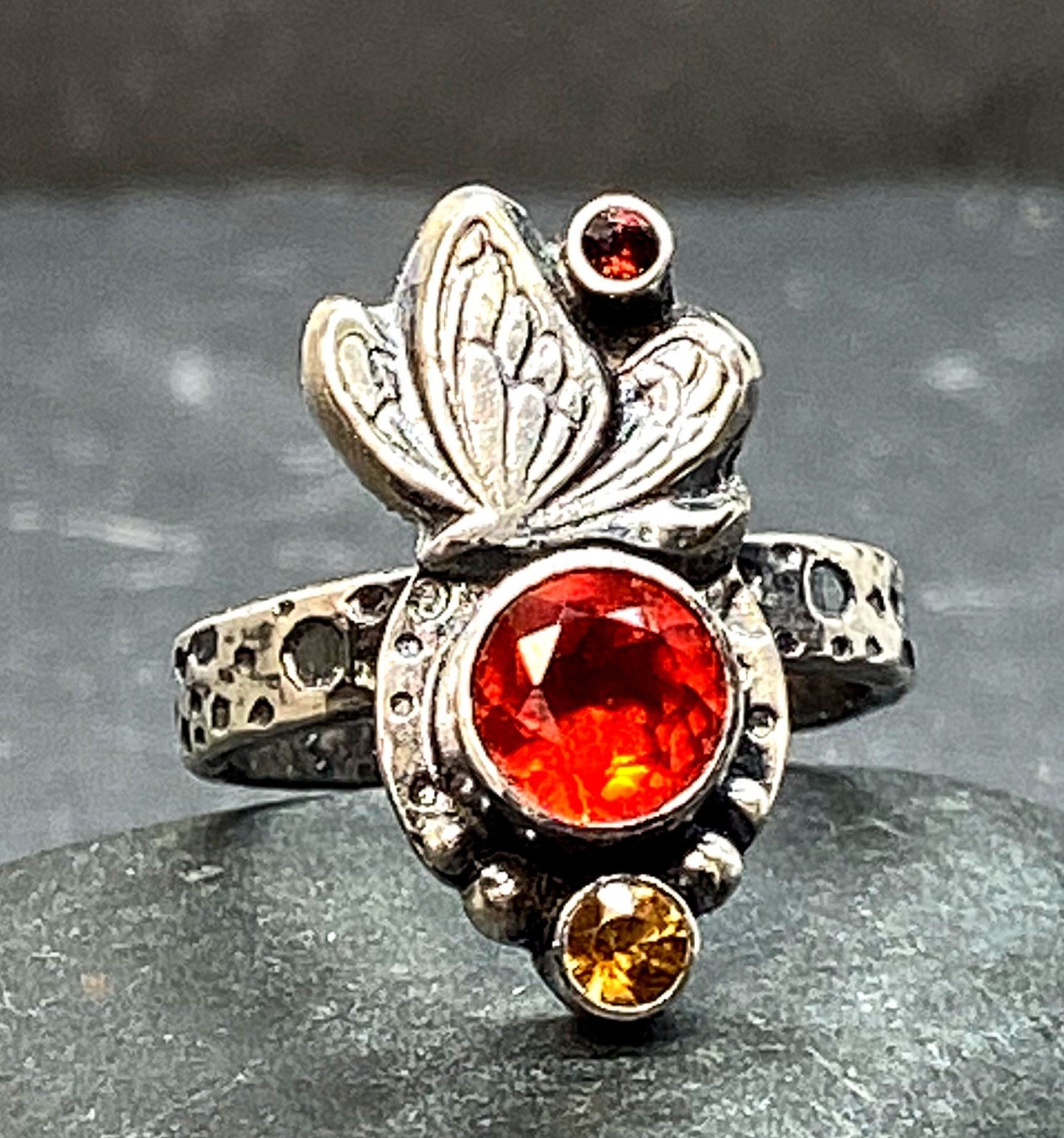 Mexican Fire Opal Monarch Butterfly Ring in Sterling Silver
