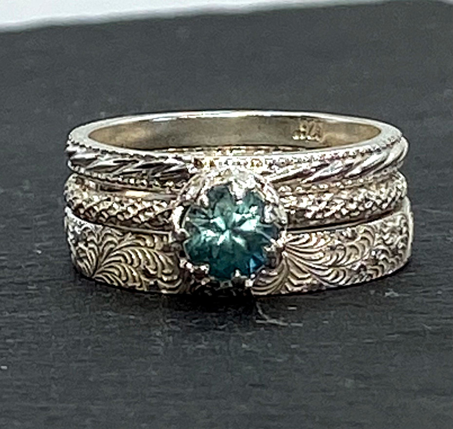 Blue Zircon Wedding Set in Sterling Silver Genuine Gemstone