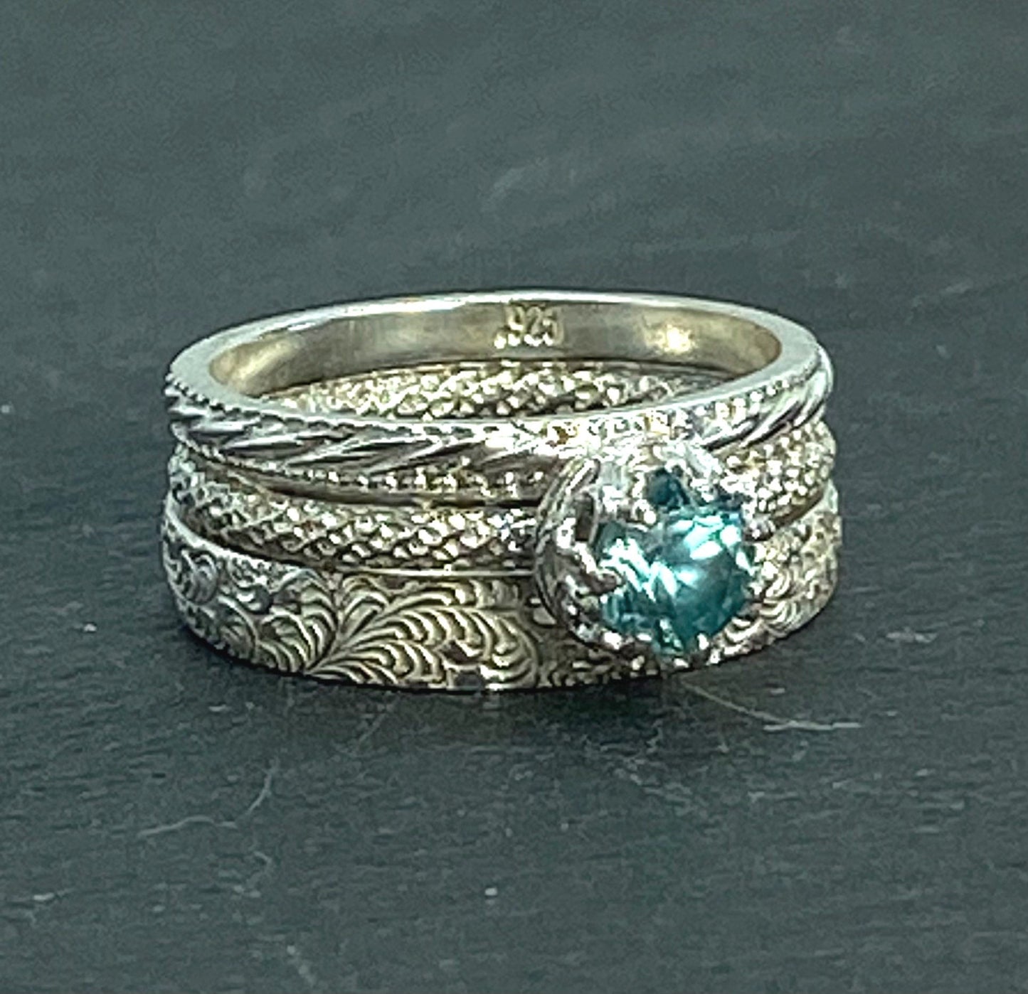 Blue Zircon Wedding Set in Sterling Silver Genuine Gemstone