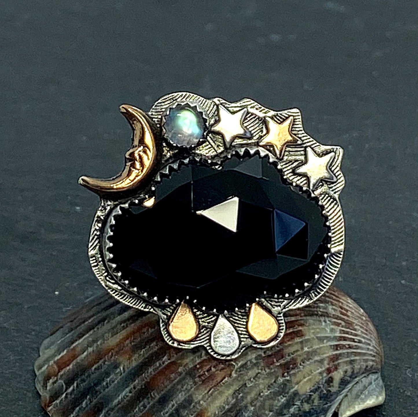 Cloudy Night Onyx Ring, Man in the Moon Sterling Silver Jewelry