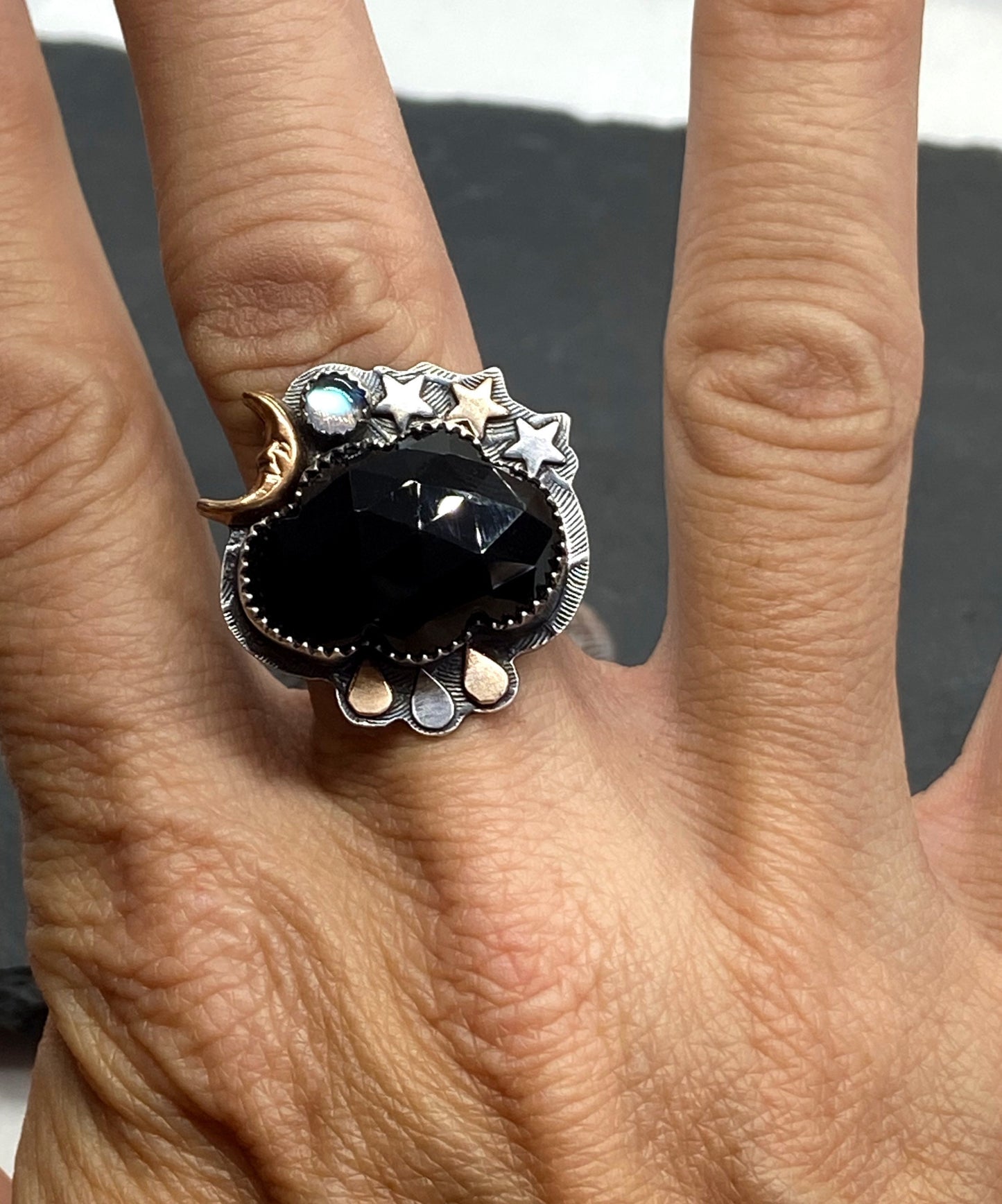 Cloudy Night Onyx Ring, Man in the Moon Sterling Silver Jewelry