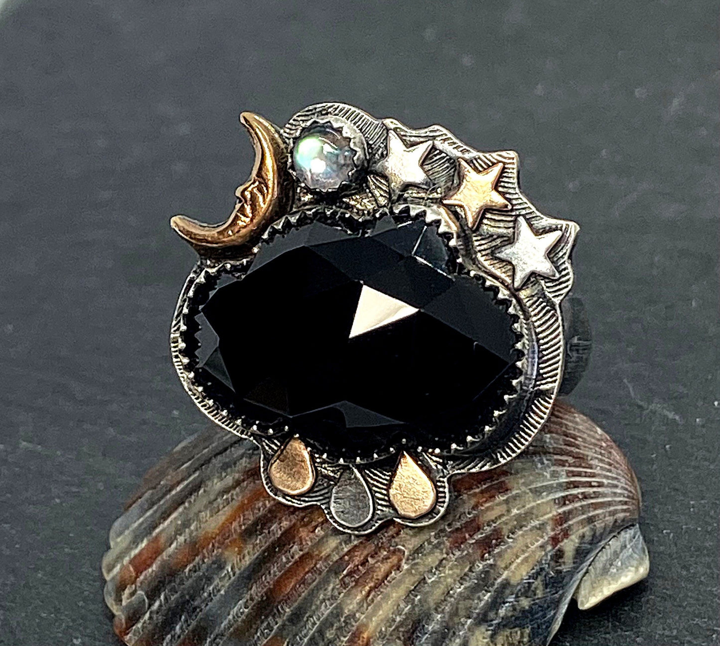 Cloudy Night Onyx Ring, Man in the Moon Sterling Silver Jewelry