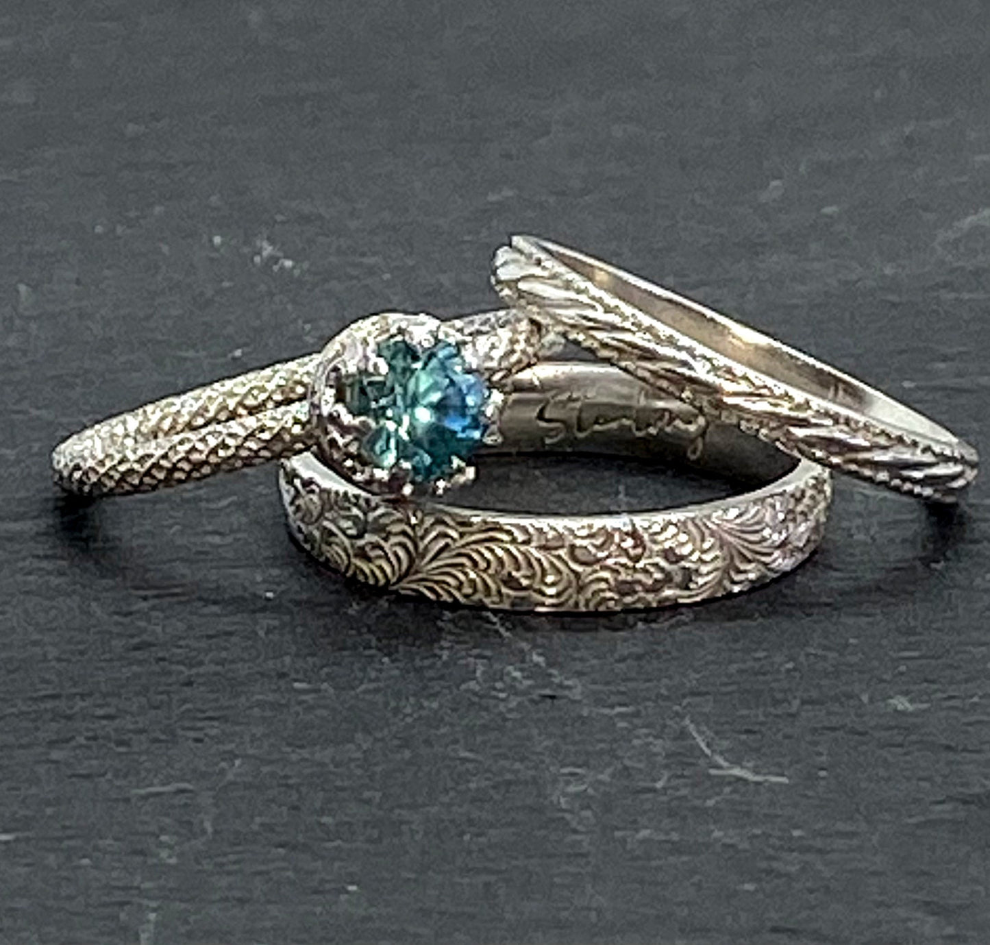 Blue Zircon Wedding Set in Sterling Silver Genuine Gemstone