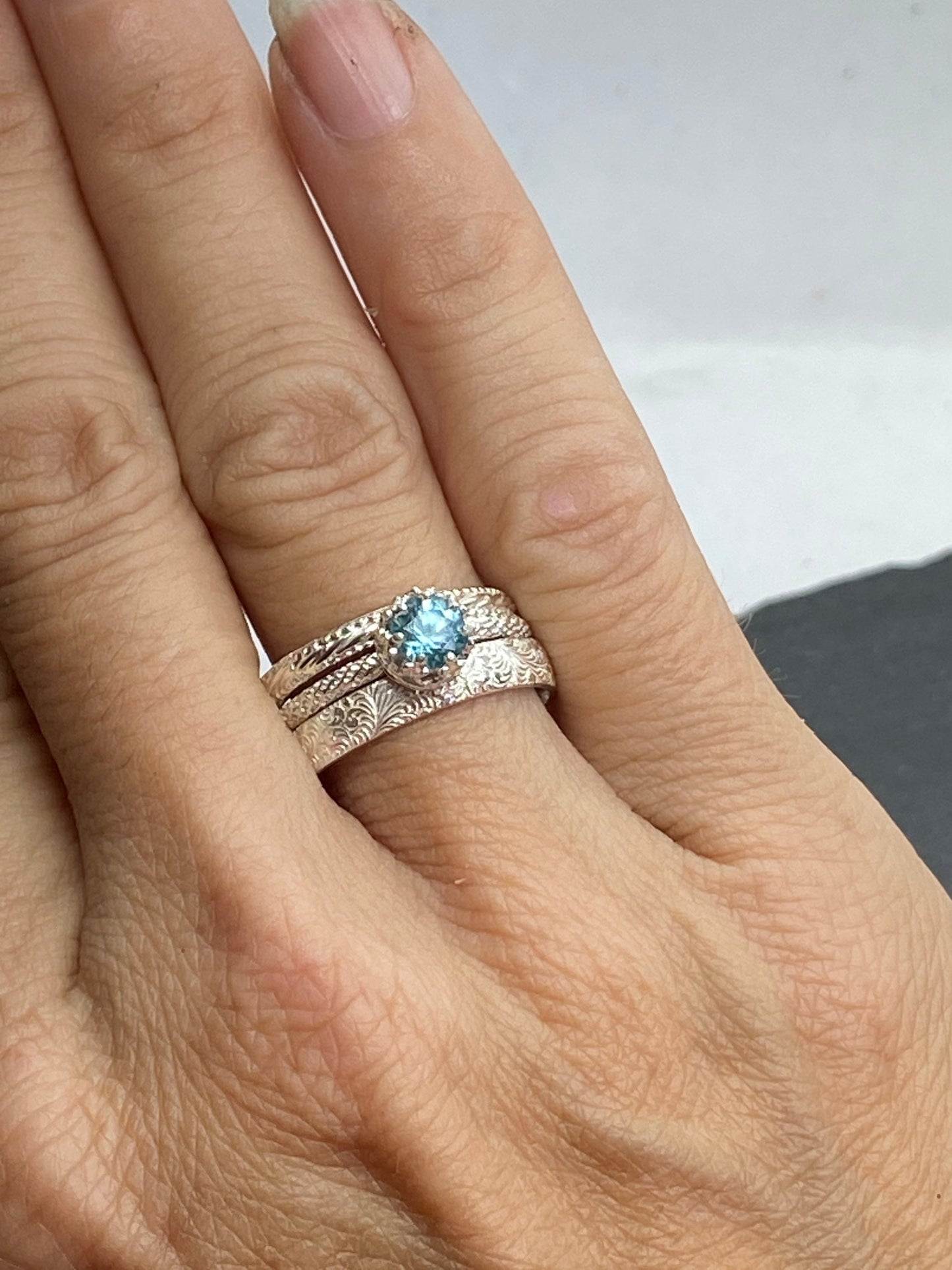 Blue Zircon Wedding Set in Sterling Silver Genuine Gemstone