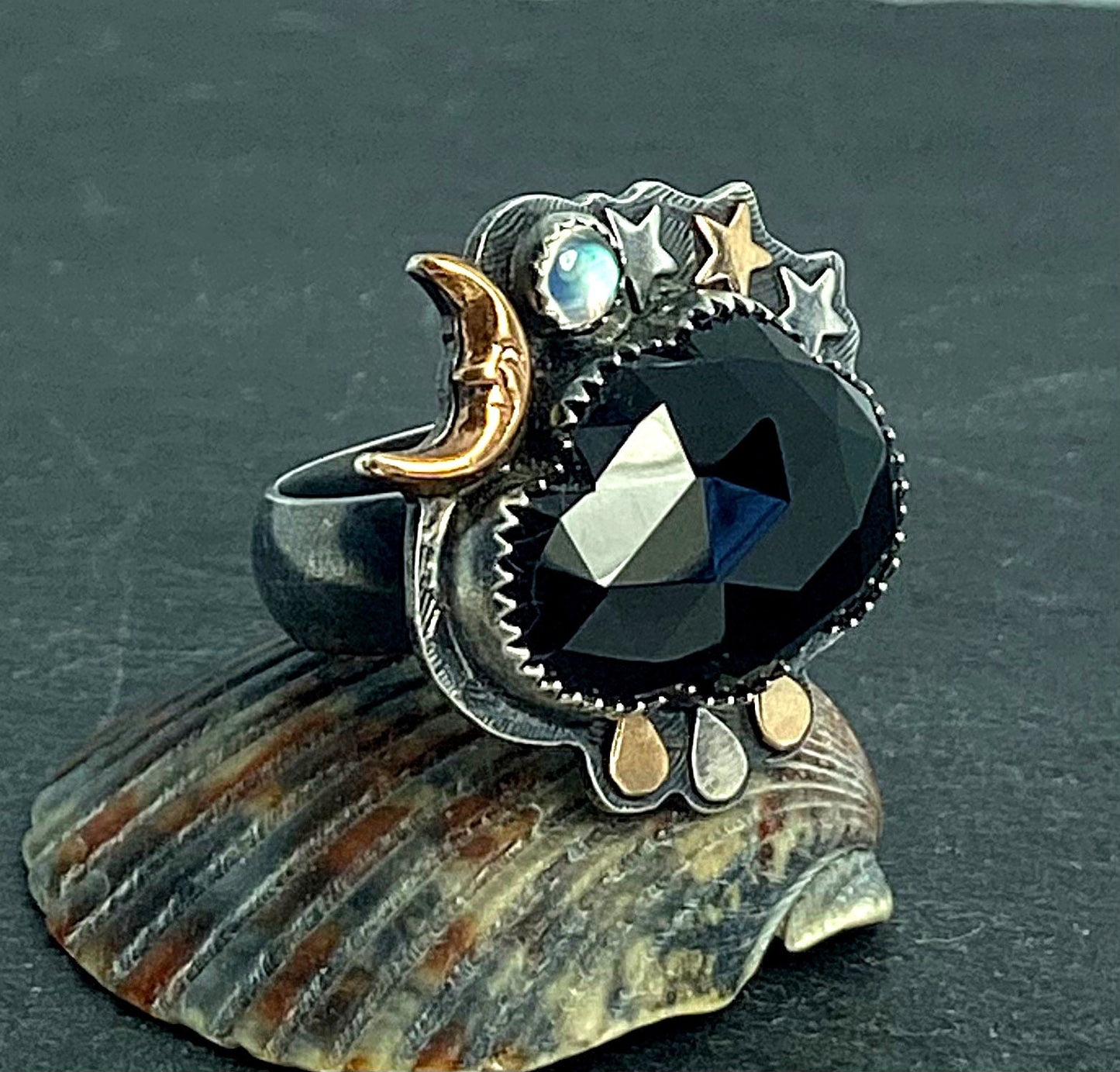 Cloudy Night Onyx Ring, Man in the Moon Sterling Silver Jewelry