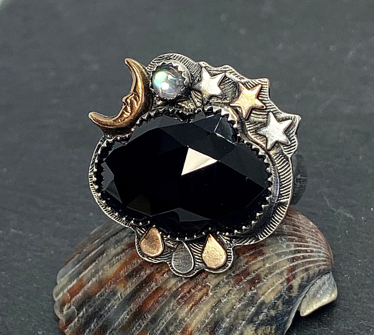 Cloudy Night Onyx Ring, Man in the Moon Sterling Silver Jewelry