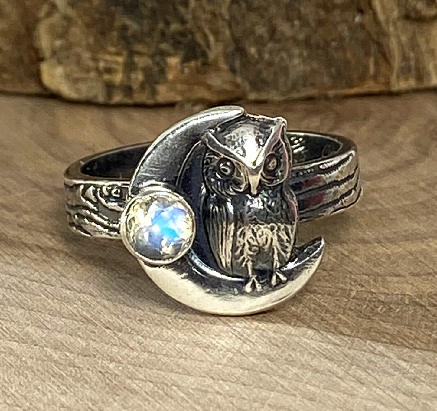 Crescent Moon Owl Sterling Silver Statement Ring