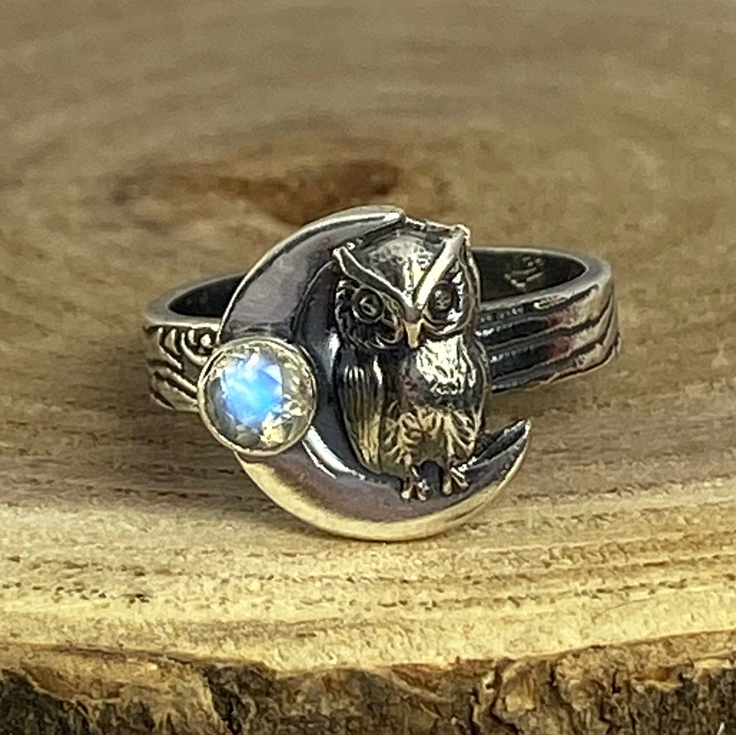Crescent Moon Owl Sterling Silver Statement Ring