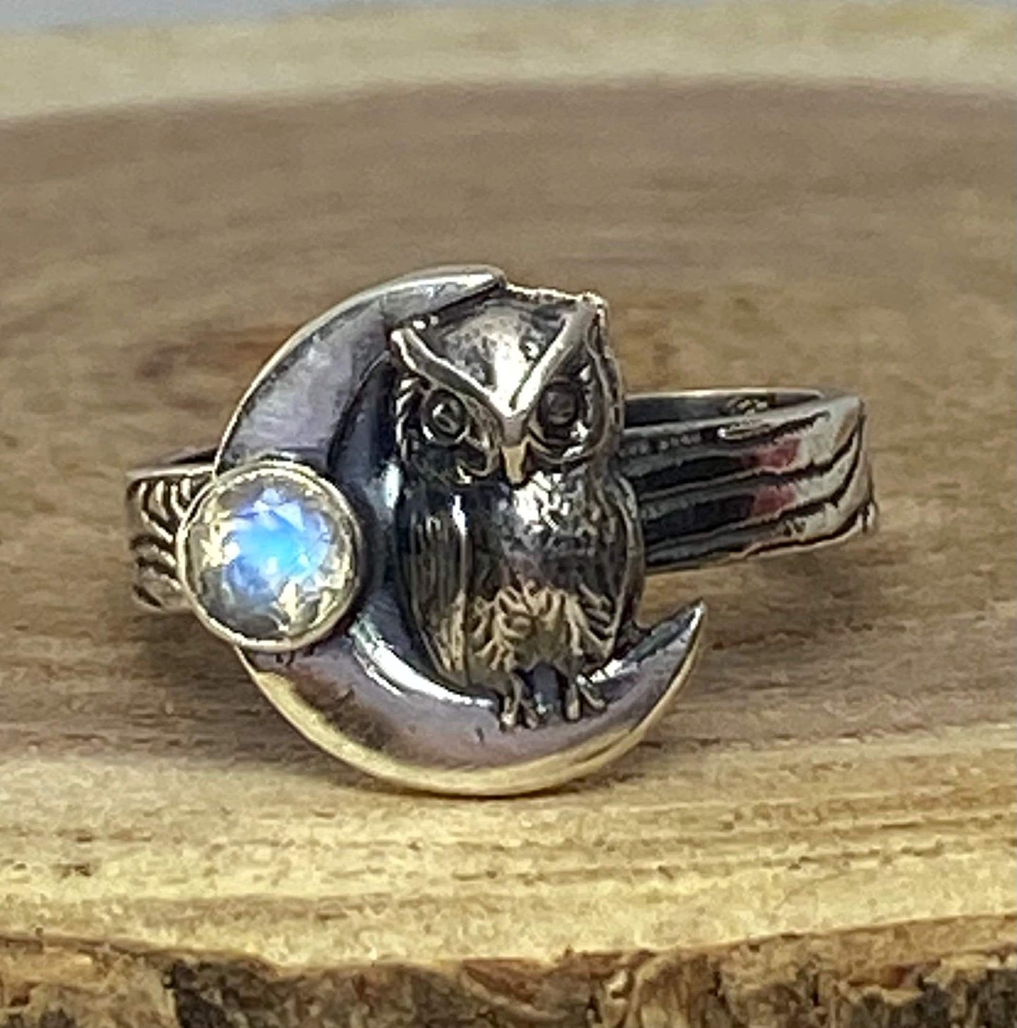 Crescent Moon Owl Sterling Silver Statement Ring