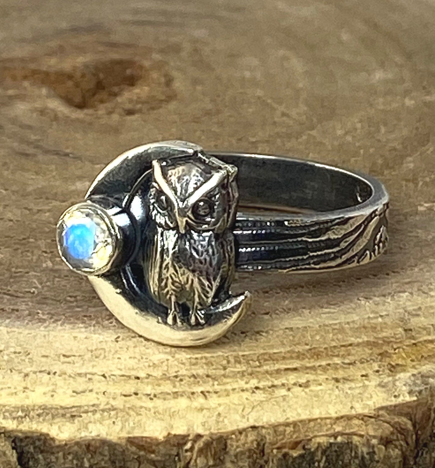 Crescent Moon Owl Sterling Silver Statement Ring
